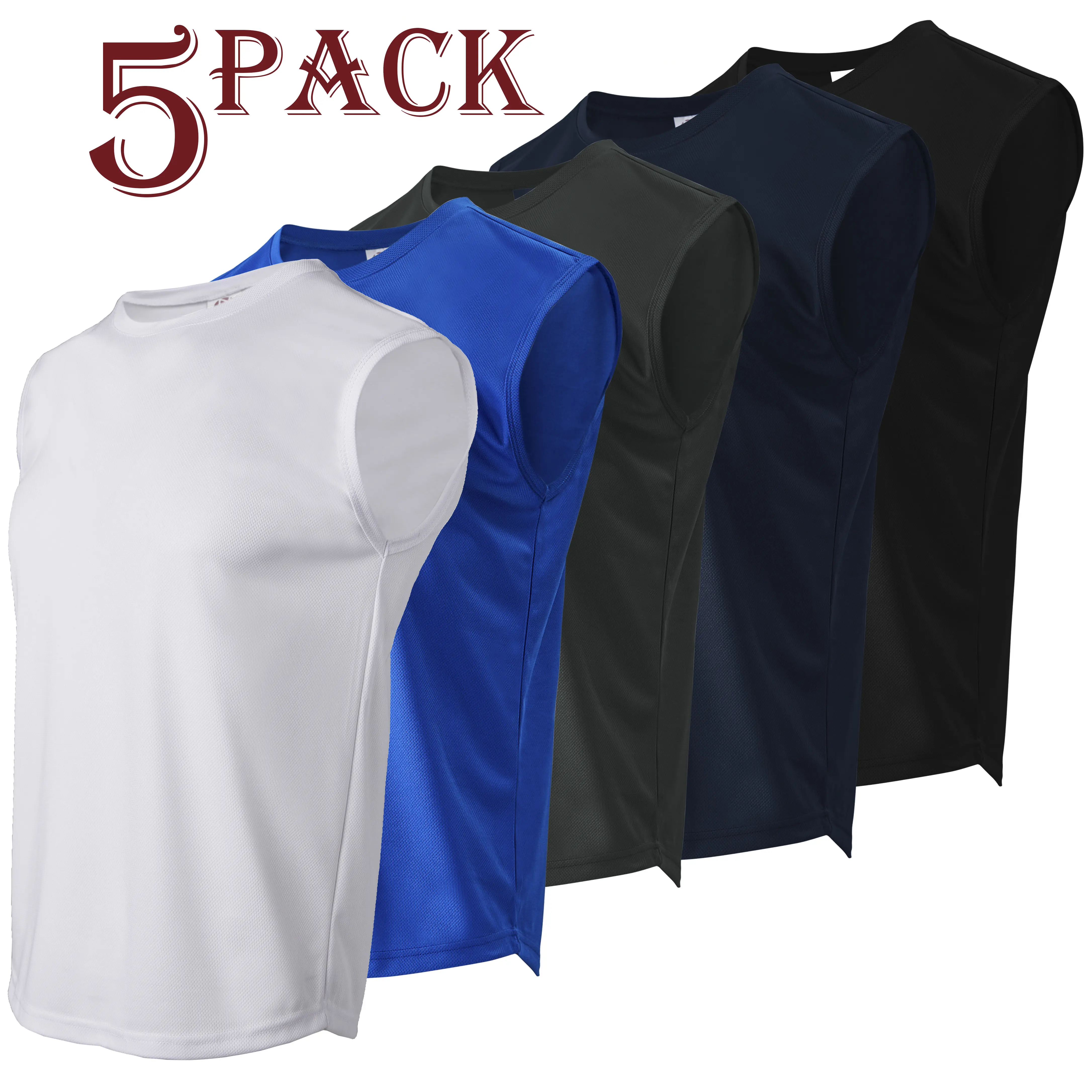 [Buy 5 Get 1 Free] Men's Pack of 5 Quick-Dry Lightweight Sporty Training Tank Tops - Fitted Cut, Round Neck, Solid Color Sleeveless Poly Athletic Activewear for Gym, Biking, Boxing