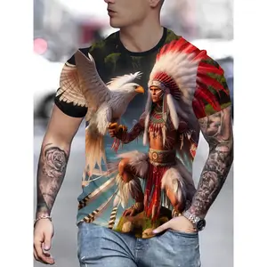 Men's 3D Native American Chief & Eagle Print T-Shirt - Soft Polyester Regular Fit Short Sleeve, Vibrant Full-Body Tribal Design for Summer Casual Wear, Travel & Vacation Outfits, Leisure Clothing, Round Neck Shirt, Machine Washable Top
