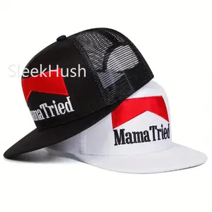 Unisex Embroidered Snapback Cap - "MAMA TRIED" Letter Design, Mesh Fabric Baseball Cap, Adjustable Trucker Snapback Hat, Sunscreen Sports Hat for Outdoor Travel Beach Use