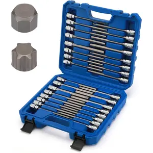 32 count 3/8" Dr. Extra Long Hex and Torx Bit Socket Set, T10-T60, 1/8"-7/16", 3-12mm, S2&CR-V Steel, 150mm/5.9" Length, SAE&Metric, Long Allen Bit Socket Set