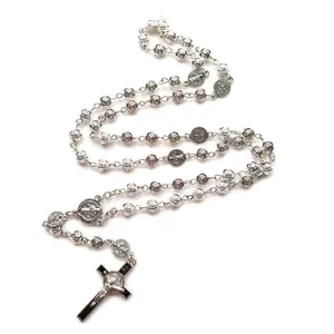 Vintage Cross Women Rosary Necklace Accessories Rose Flower Religious Gift For Wedding Ladies Men