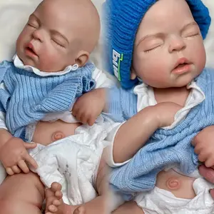 Otarddolls 22 Inch Can Open Mouth Full Body Solid Silicone Reborn Girl With Painted Bald 3D Painted Skin Dress In Blue Sweater Handmade Flexible Newborn Doll Ideal Christmas Gift For Children