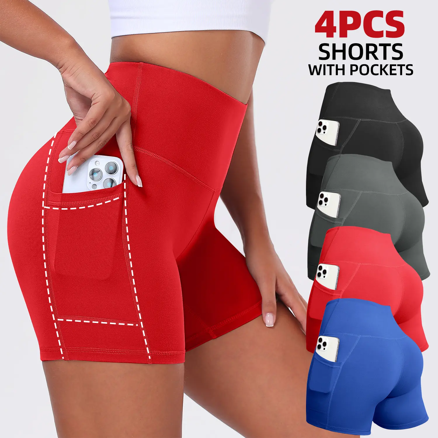 CHRLEISURE 4-Pack Biker Shorts with Pockets High Waisted Workout Gym Running Yoga Shorts For Women Solid Color
