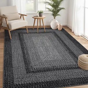 Garvee Large 6x9 Machine Washable Braided Rug with Geometric Border, Boho Print, and Farmhouse Rustic Style for Living Room, Dining Room, Home Office, and Bedroom in Black