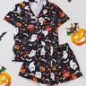 Msrlassn Women's Halloween Print Lapel Neck Pajama Set Casual Comfy Short Sleeve Top & Shorts Pj Set Ladies Sleepwear for All Seasons Loungewear