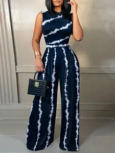 Women's Tie Dye Print Mock Neck Wide Leg Jumpsuit, Elegant Fashion Jumpsuit, Boho Casual High Waist Fitted Sleeveless Jumpsuit for Summer, Ladies Clothes for Daily Wear, Clothes for Women, Jumpsuits for Women, Summer Outfits 2024
