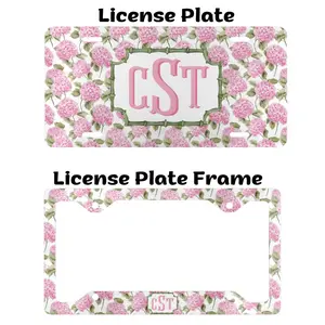 Monogram Pink Hydrangea License Plate & Frame Personalized Floral Car Decor Custom Car Accessories for Women Cute Girly Aesthetic Auto Tag Birthday Gift Idea
