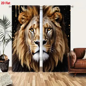 2D Flat Lion Mane Curtain Set 2 Panels, Golden-Brown Wild Animal Design with Golden Speckles & Drips, Black Background Dramatic Artistic Curtains for Living Room Bedroom, Room Darkening Thermal Insulated Window Drapes, Regal Powerful Lion Eye Patte