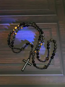 Veliora Gift Natural Obsidian Yooperlite Rosary Necklace UV Reactive Protection Necklace Hematite Stone Cross Pendant Necklace Gift for her, gift for him