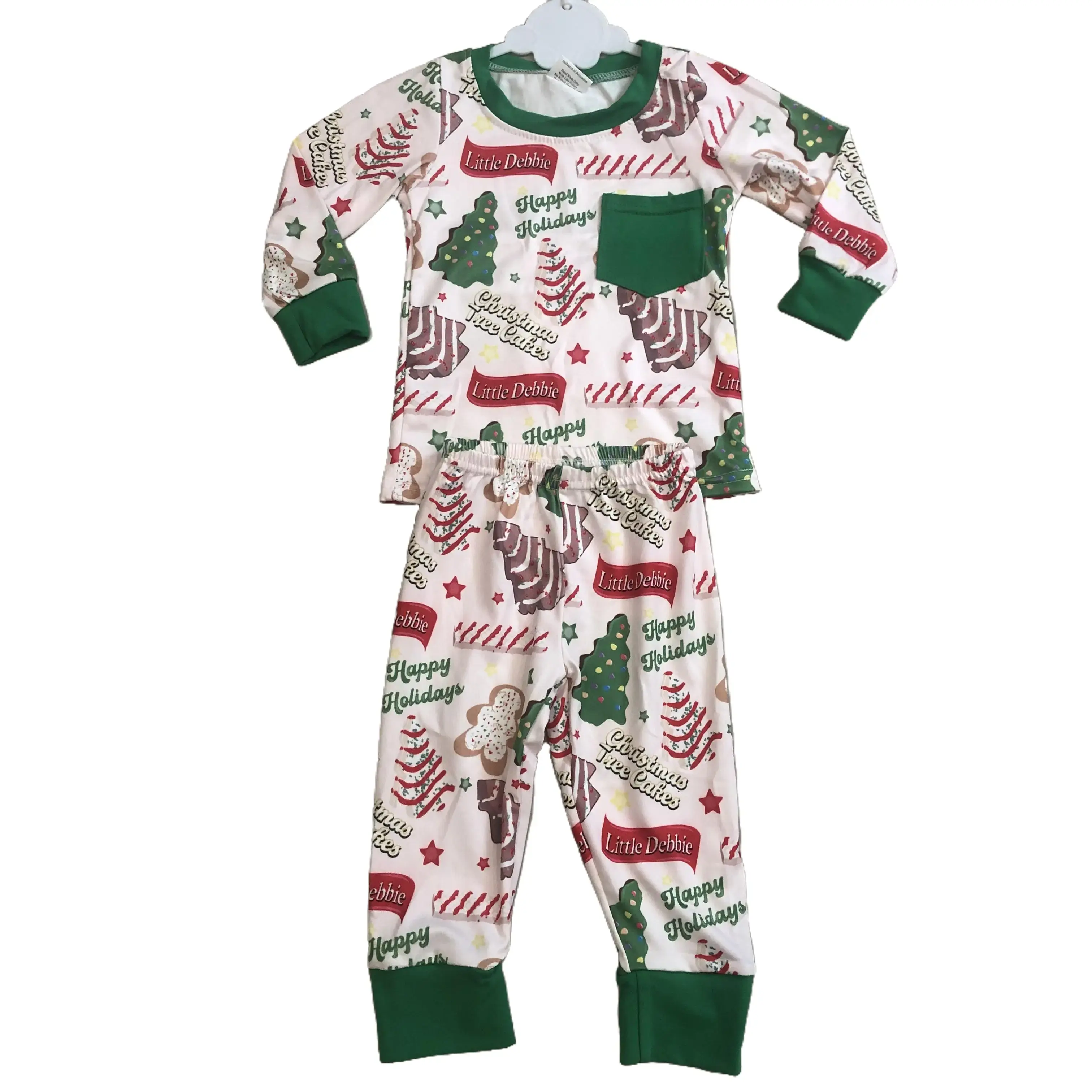 Boys' Cute 2-Piece Pajamas Set - Christmas Theme TTS Loungewear with Floral Graphic Tee, Ruffle Accents, Plaid Pants, Soft Cotton Blend for 3-6m to 7-8t