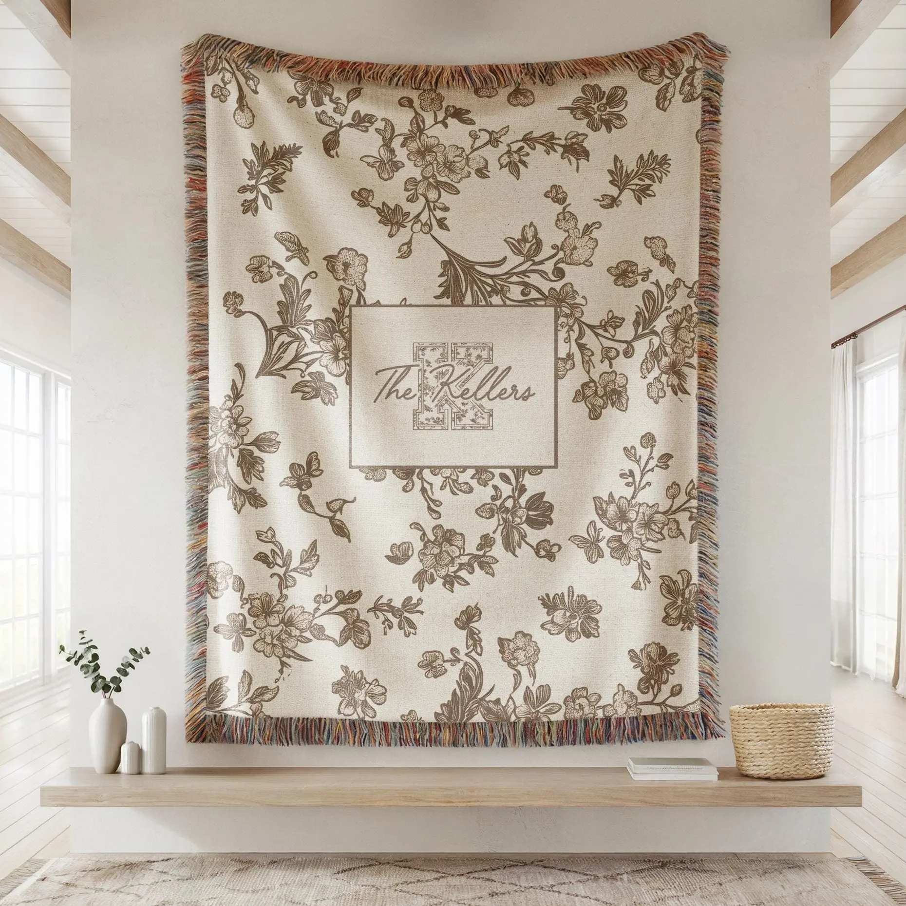Toile monogram blanket personalized woven throw, last name floral throw for couch, personalized house warming gift, newly married,