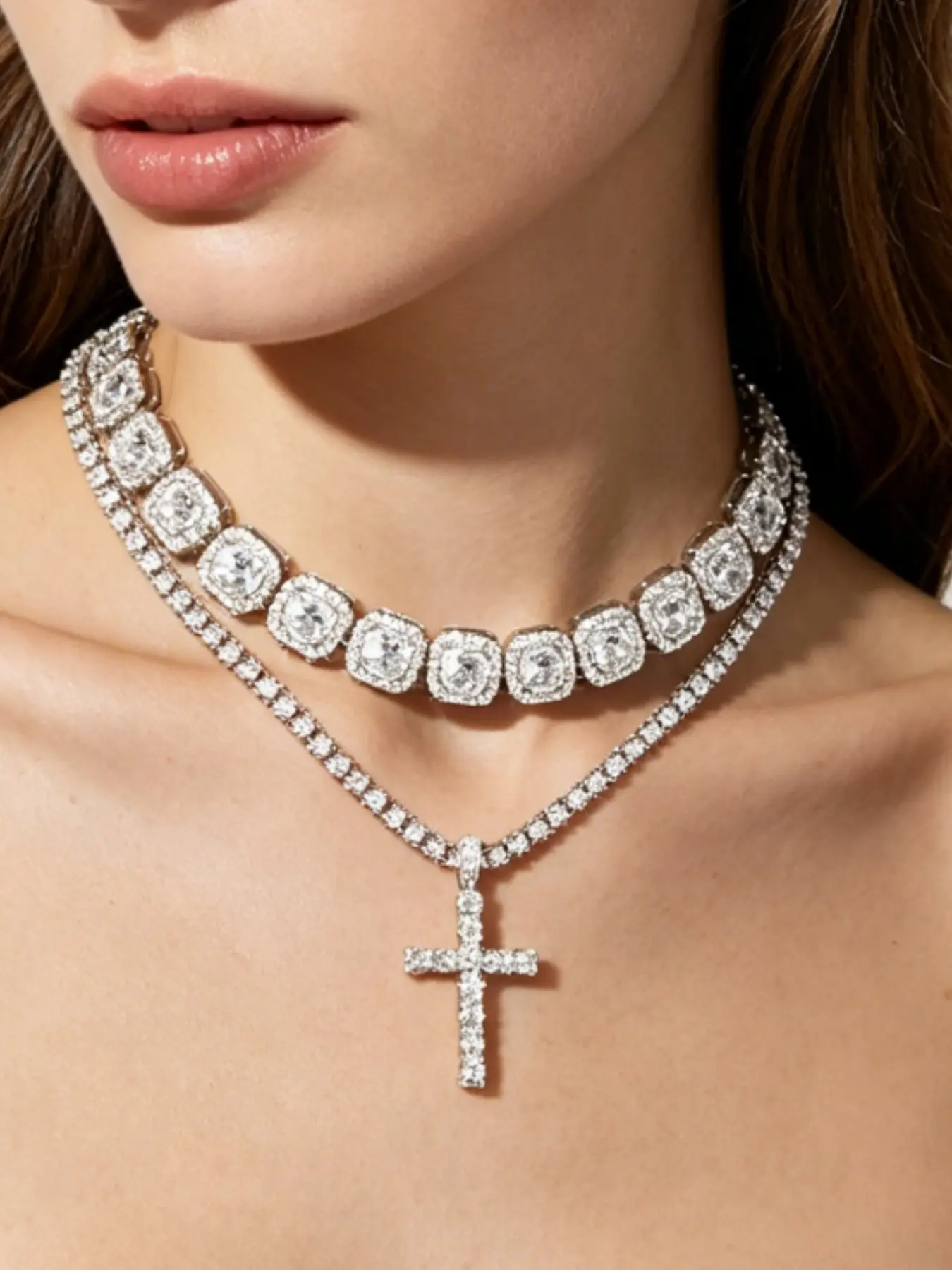 Glitter cross pendant with square diamond Cuban chain set, Cross chain design, moissanite European and American hip-hop style necklace pendant, gold and silver chain necklace, ice diamond tennis necklace jewelry set