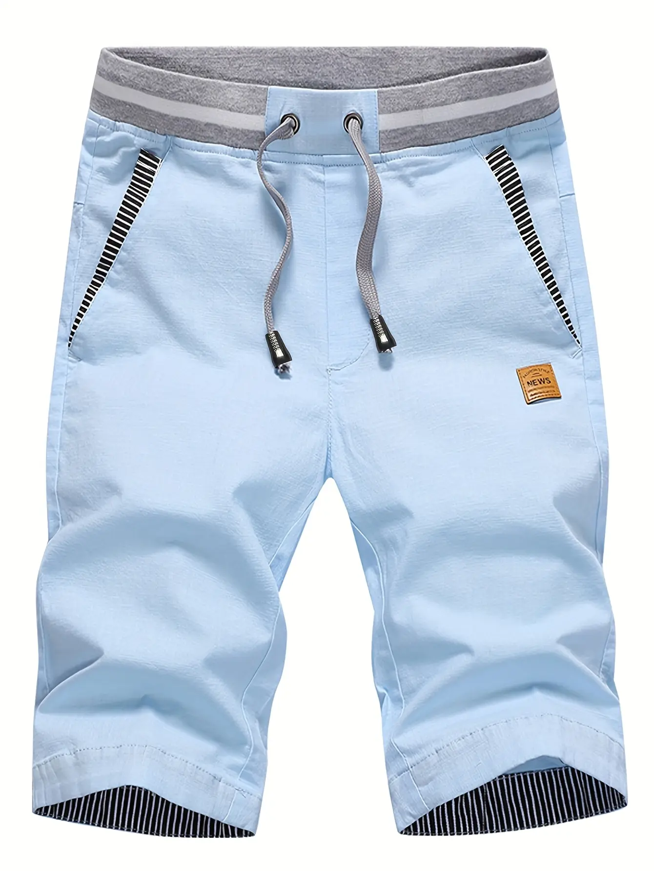 Men’s faux two-piece patchwork casual shorts with a drawstring waist and affixed label; summer cropped straight-leg beach, casual sports, and everyday bermuda shorts