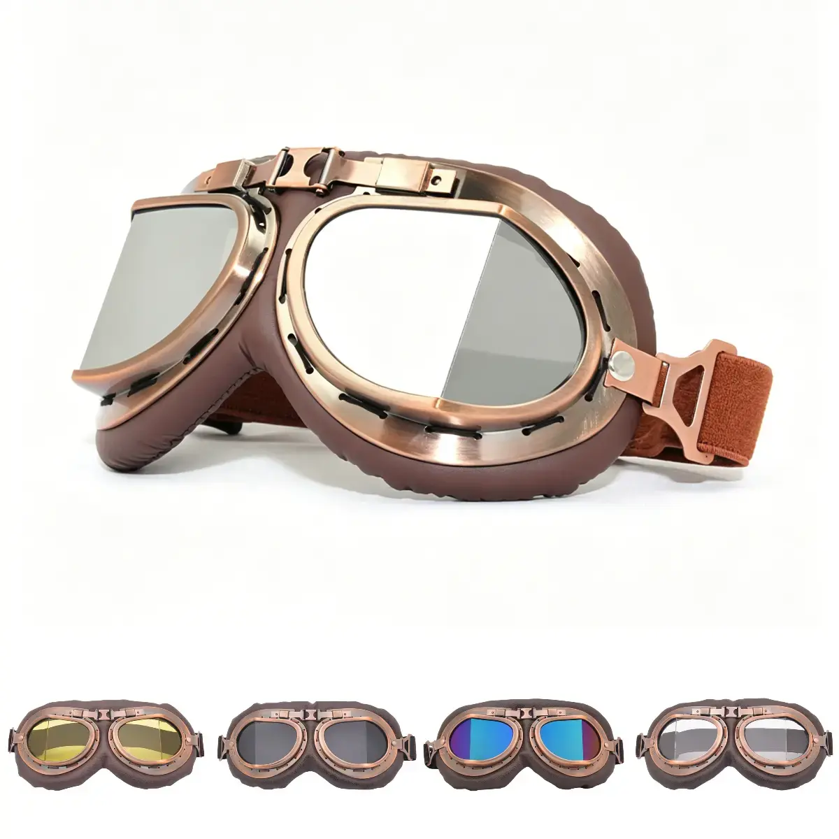 Unisex Vintage Distressed Copper Frame Steampunk Pilot Goggles - Sponge-Lined Riding Gear with Windproof, Sandproof, UV Protection, Anti-Glare, Impact Resistance, Foldable Mechanical Post-Apocalyptic Sports Eyewear for Outdoor Riding