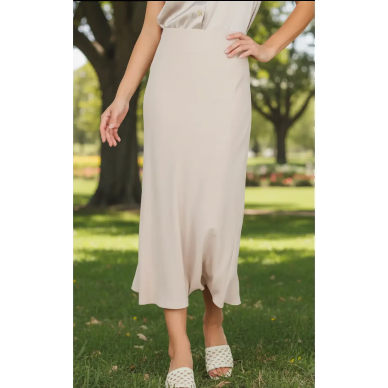 The Paula Light Taupe Satin Midi Skirt