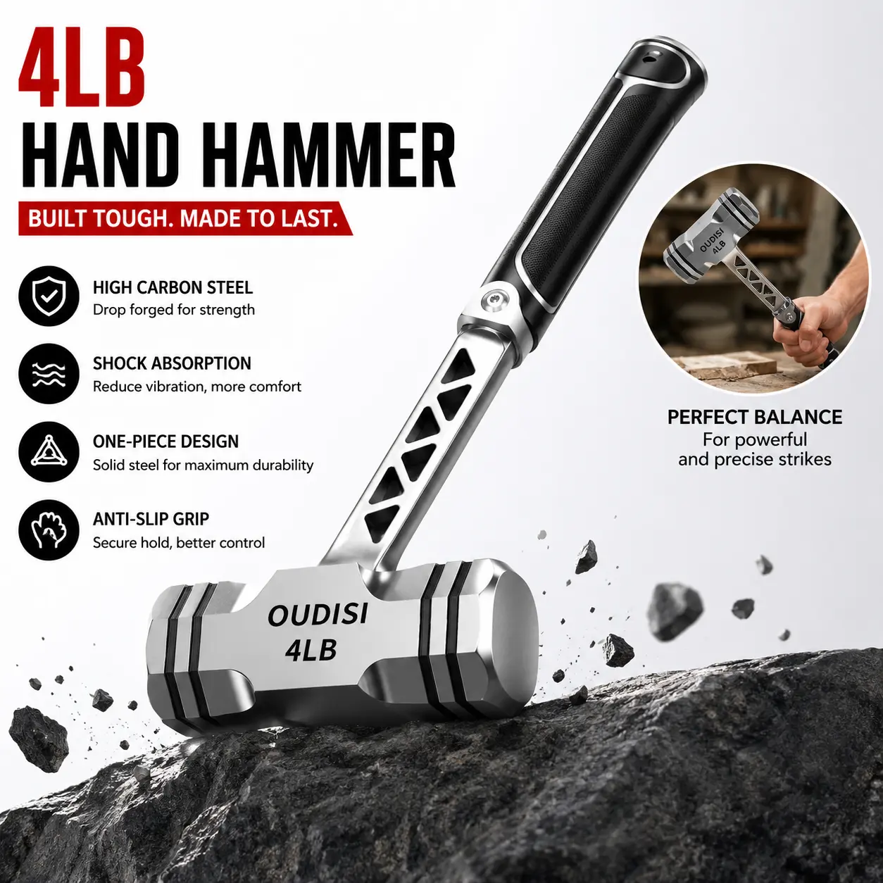 OuDiSi  Heavy Duty Octagonal Sledge Hammer, Hollow Forged Steel Body TPR Anti-Slip Shock Absorbing Handle for Construction Demolition Home Repair