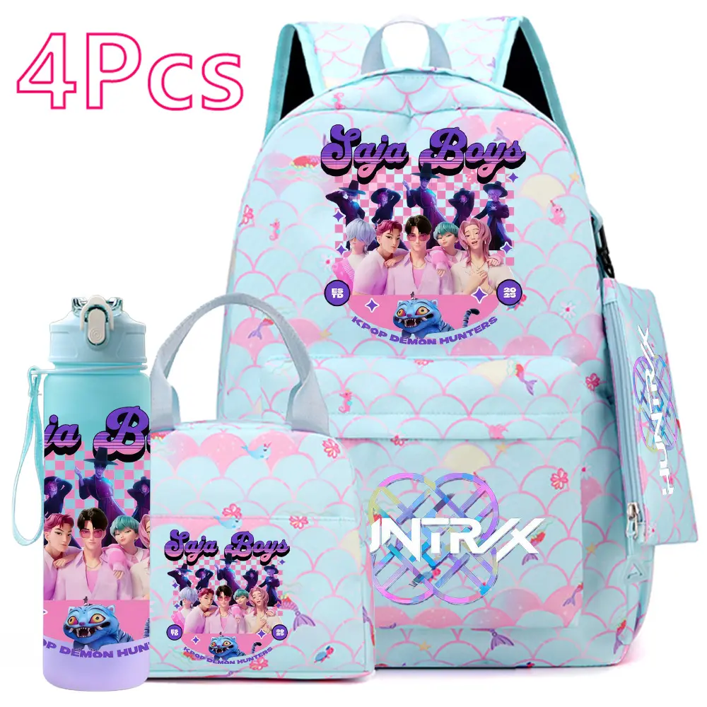 2026 HUNTR/X Blue KPop Backpack Set 4PCS | Girls School Bag with Lunch Bag & Water Bottle