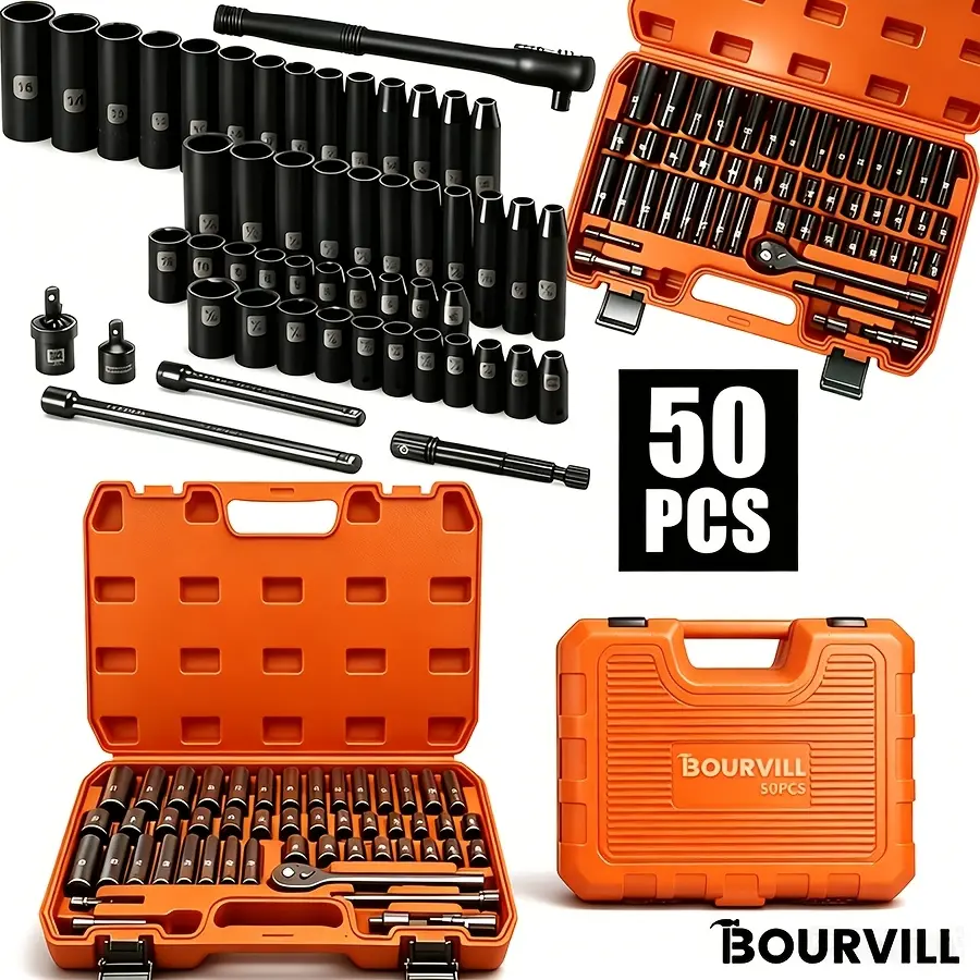 BOURVILL 50pcs 3/8 Inch Drive Impact Socket Set, Metric (8-22mm), SAE (5/16 - 3/4 Inch), 6 Points, Cr-V Material, with Adapter Ratchet Handle And Storage Box - Professional/maintenance Personnel Set, A Great Choice for Daily Use And As A Gift#summerfinds