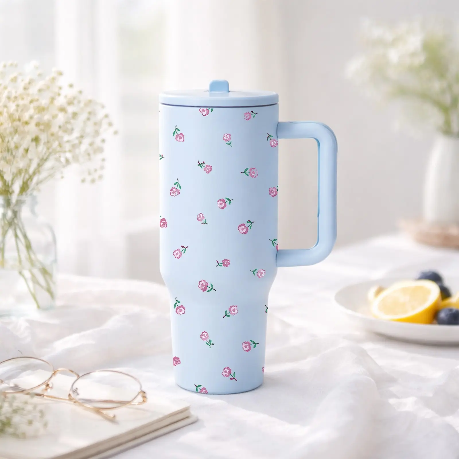 mikenda Floral Aesthetic Tumbler 40oz, Insulated Travel Tumbler, Insulated Thermos, Cute Blue Flower Cup with Handle & Straw, Minimalist Girl Style Drinkware, Perfect Gift for Mother’s Day, Graduation, Summer