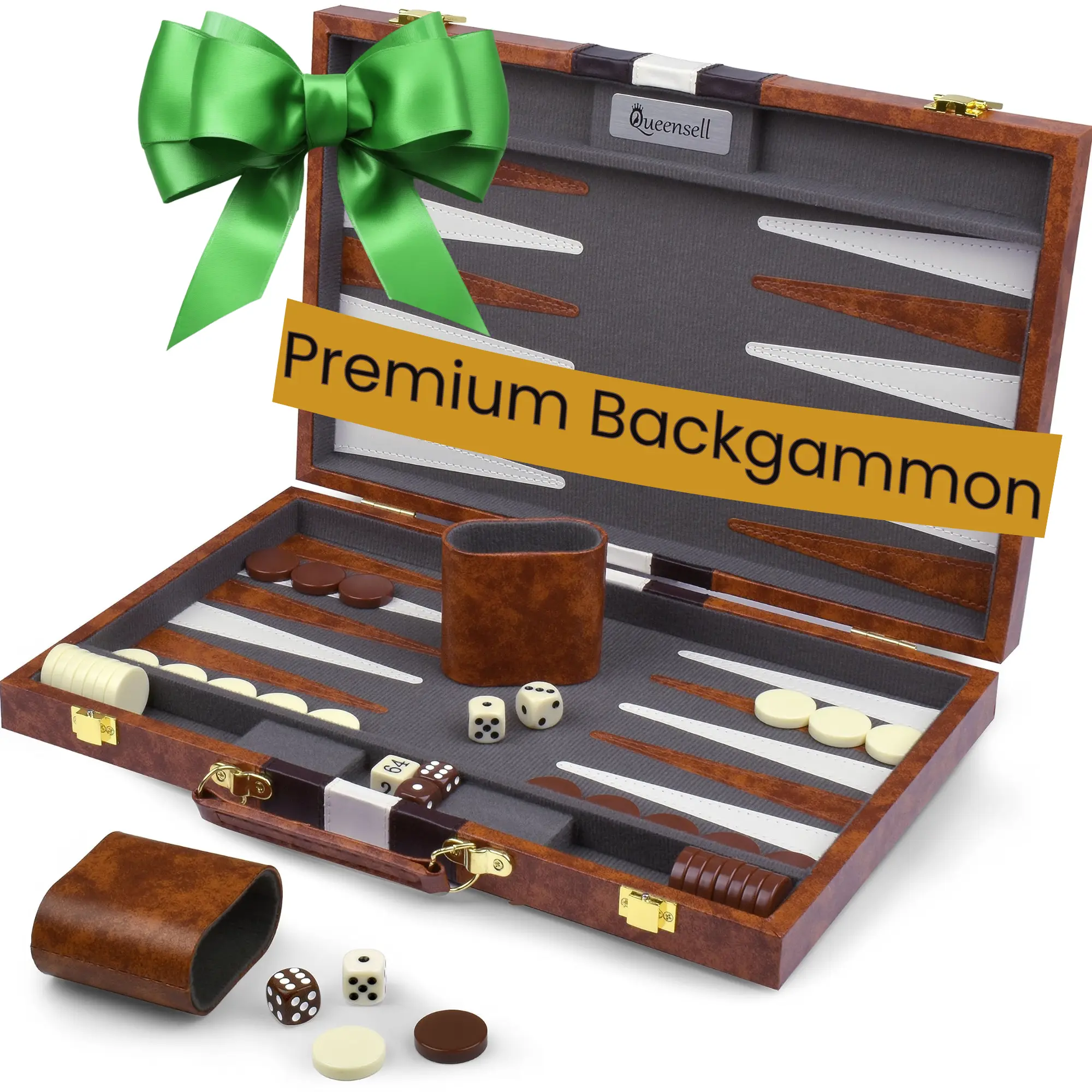 Queensell Backgammon Board Game - 15-inch Wooden Set with 32 Pieces, Double Cube, Dice Cups, and Full-color Instructions - Perfect for Adults, Travel-Ready, and Quality Play
