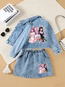 Easter Limited Edition Bunny Ear Anime Girl Denim Two-Piece Set, Cute Jacket Short Skirt Set, Ages 8 and Below Girls