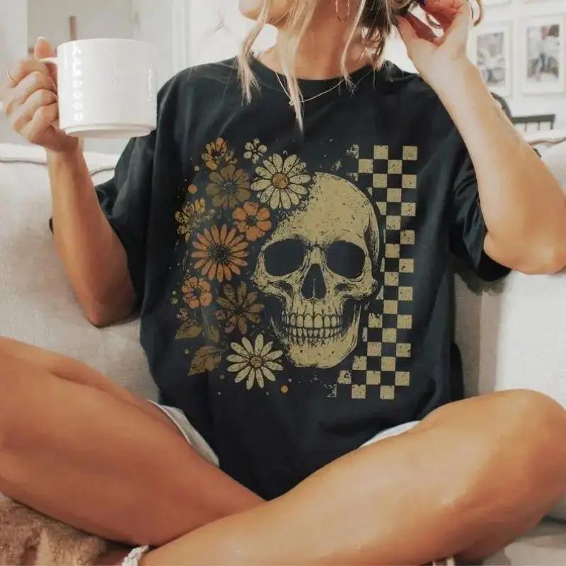 Women’s OEKO-TEX-Certified Soft Cotton Boho Skull Graphic T-Shirt – Alternative Style Vintage Retro Ribbed Crew Neck, Fade-Resistant Digital Print Top for Halloween, Summerween,sohochic
