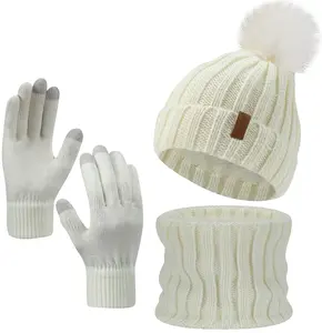 3pcs Winter Warmth Essentials Set - Knit Beanie, Scarf & Gloves with Faux Fur Trim - Thick Plush for Enhanced Comfort and Warmth, Sports Style, Polyester Knit Fabri