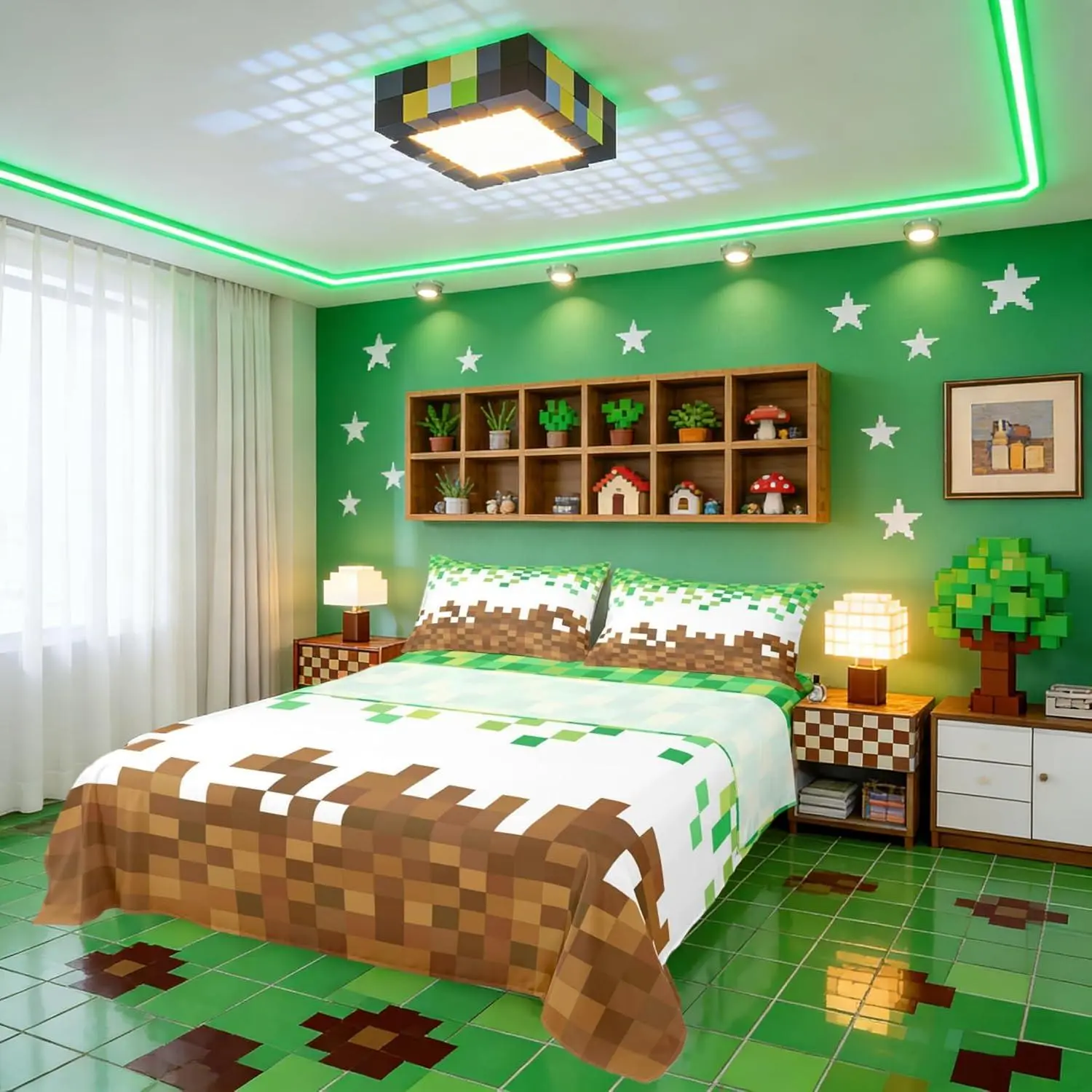 Pixelated Bed Sheets Set,Geometric Patchwork Grid Sheets Bedroom Decor,Games Miners Bedding for Kids Bedroom,Brown Green Bed Sheet Set,(Fitted + Flat Sheet)