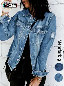 Women's Fitted Long Sleeve Button Front Jacket Coats, Light Wash Casual Plain Design, All Season Wear, Essential Fashion Item for Every Wardrobe, Womenswear