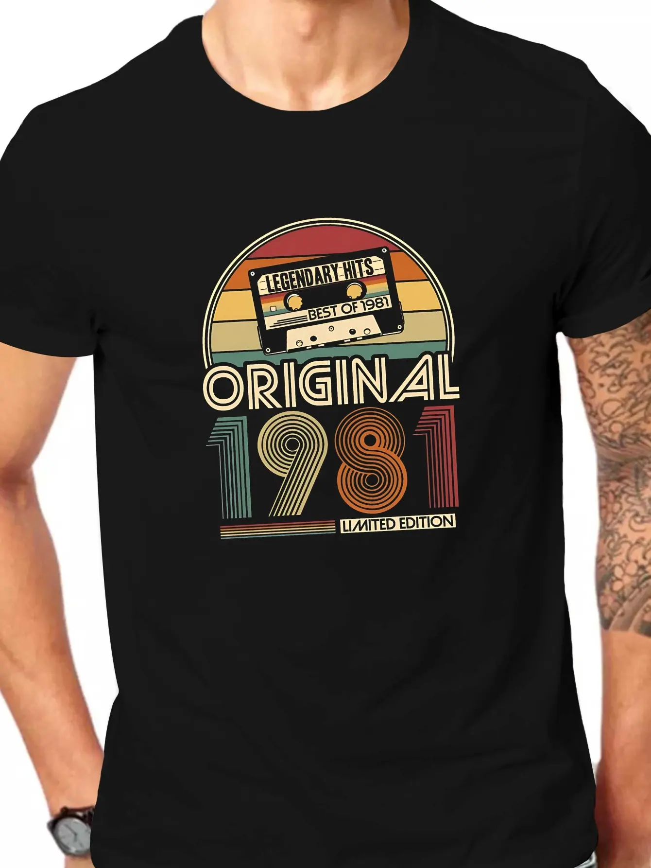 Classic Unisex T-shirt with Retro 1981 Vinyl Record Print, Casual Fit Shortsleeve 100% Cotton Menswear Top, Fabric, 80S Aesthetic