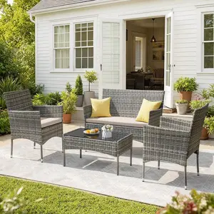 4 Pieces Patio Conversation Set Outdoor PE Rattan Wicker Chairs With Coffee Table