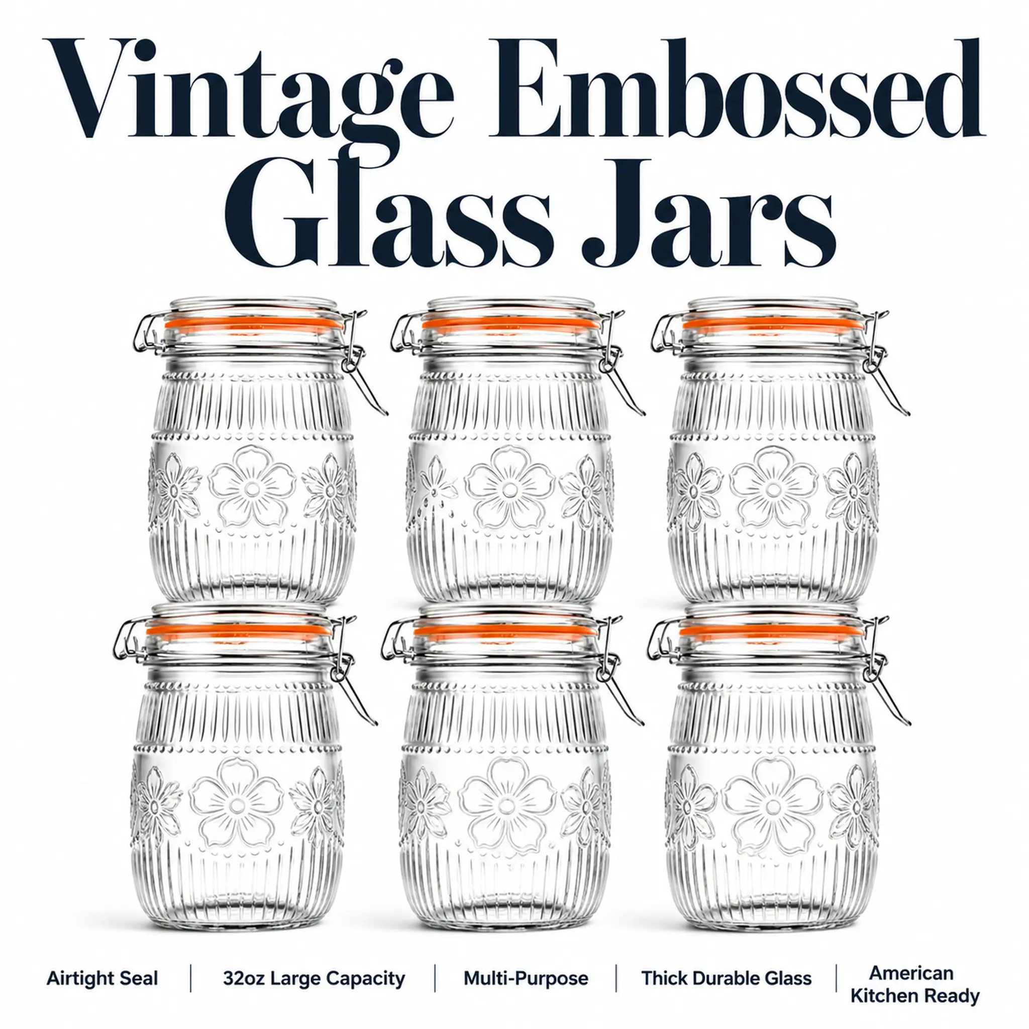 32 oz Aesthetic Wide-Mouth Farmhouse Lead-Free Stackable Rustic Vintage Heavy-Duty Glass Mason Jars, Transparent Reusable Kitchen Preserving Containers with Airtight Silicone-Lined Metal Lids for Canning, Food Storage