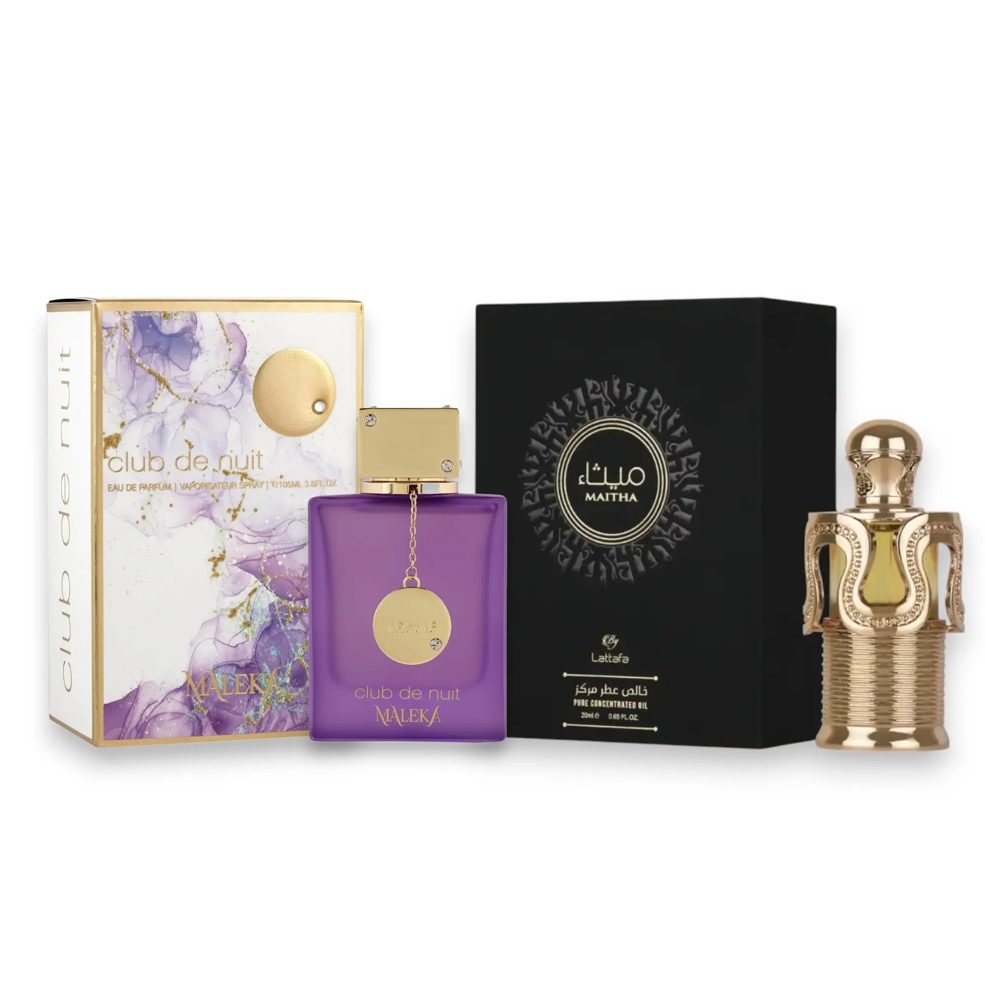 Oudlash Bundle | Lattafa Maitha + Armaf Club De Nuit Maleka | Women's Fragrance | 20 ML - 100 ML | Eau De Parfum + Concentrated Oil | Vanilla - Amber & Caramel