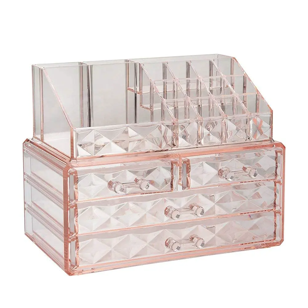 ZHIAI Makeup Organizer, Makeup Storage Organizer with Drawers, Easy Storage for Beauty Products Brushes 14 lipstick Compartments Cosmetic Display Cases for Dressers, Bathrooms and Jewelry Organizers