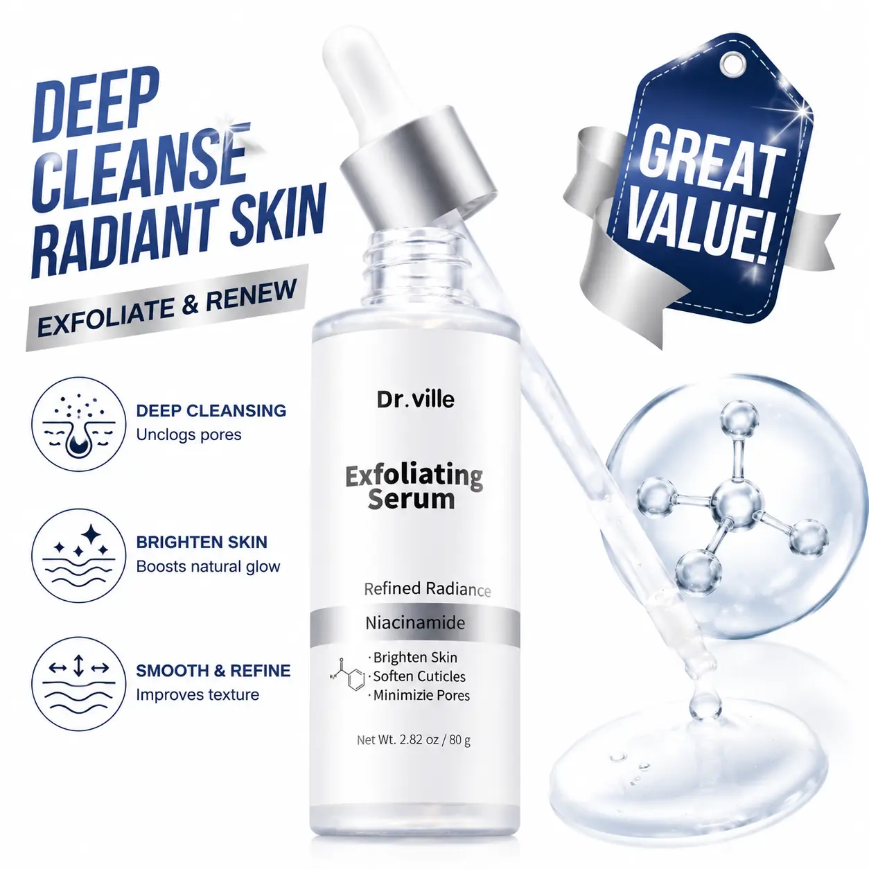 Dr.ville Salicylic Acid & Niacinamide Exfoliating Serum, 80g - Lightweight Face Essence for Blackhead Removal, Pore Minimizing & Oil Control - Refines Skin for Enhanced Radiance, Daily, Hydrate, Vitamin C, Hyaluronic Acid