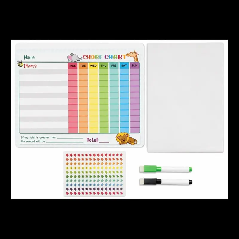 Kids Reusable Chore Chart Set - Preschool Homeschooling Weekly Layout Board, Colorful Animal Design, Colorful Star Reward Stickers, Behavior Tracker, Durable Protective Sleeve, Encourages Responsibility, Office Stationery for Caregivers, Children