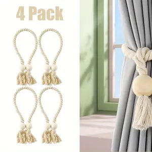4PCS Magnetic Curtain Tiebacks with Wooden Buckle Hand Woven Tieback Holdback Decorative
