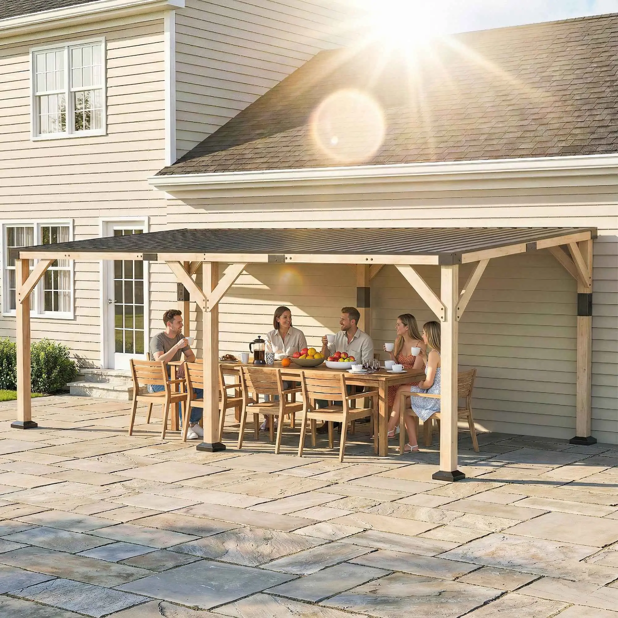 10x20 Rectangular Lean-To Gazebo Shelter, Elegant Outdoor Pergola with Steel Roof