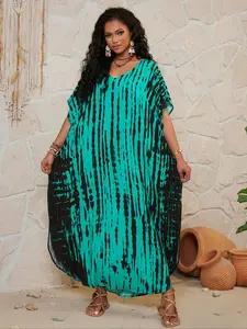 Plus Size Tie Dye Print Woven Batwing Sleeve Split Hem Kaftan Dress, Boho Bohemian Casual Loose V Neck Half Sleeve Long Dress, Women's Plus Clothes for Summer Beach