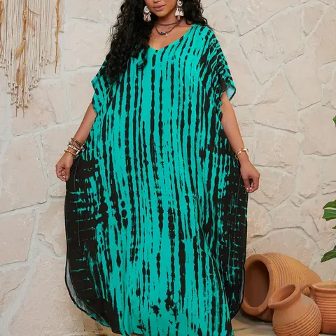 Plus Size Tie Dye Print Woven Breathable Batwing Sleeve Split Hem Kaftan Dress, Boho Fashion Dress Bohemian Chic Elegance Casual Wear Loose V Neck Half Sleeve Long Dress, Women's Plus Clothes for Summer Beach