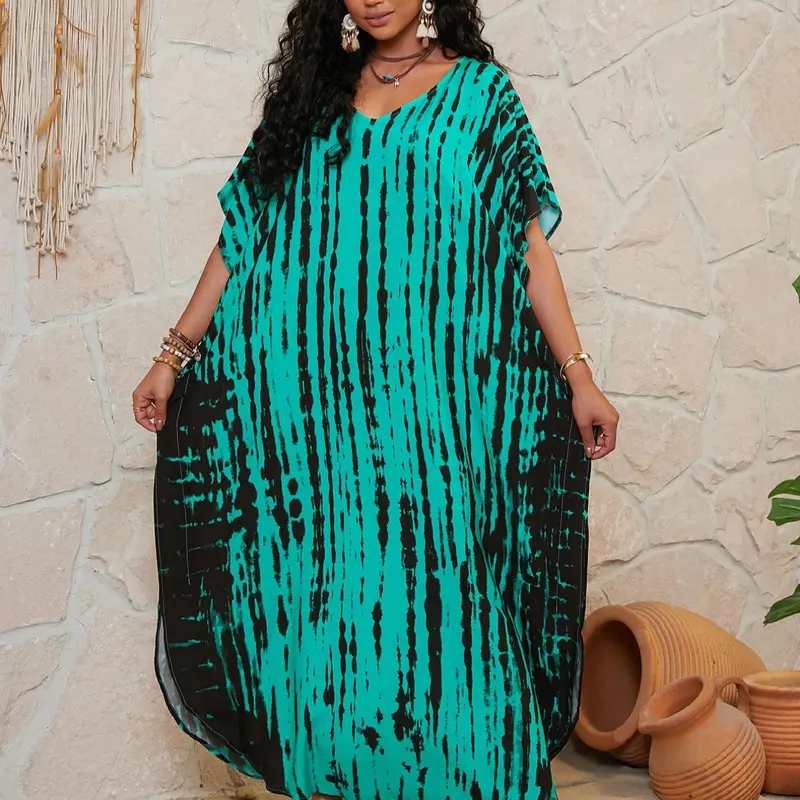 Plus Size Tie Dye Print Woven Breathable Batwing Sleeve Split Hem Kaftan Dress, Boho Fashion Dress Bohemian Chic Elegance Casual Wear Loose V Neck Half Sleeve Long Dress, Women's Plus Clothes for Summer Beach