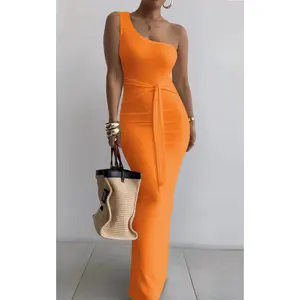 Womens Summer One Shoulder Long Dress Sexy Slim Sleeveless Bodycon Party Cocktail Maxi Dresses for Women
