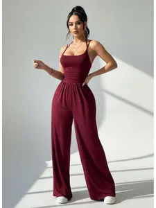 Three Colors Wine Backless Cross Strap Wide Leg Jumpsuit, Casual Slimming Long Pants, Party Wear, All Seasons