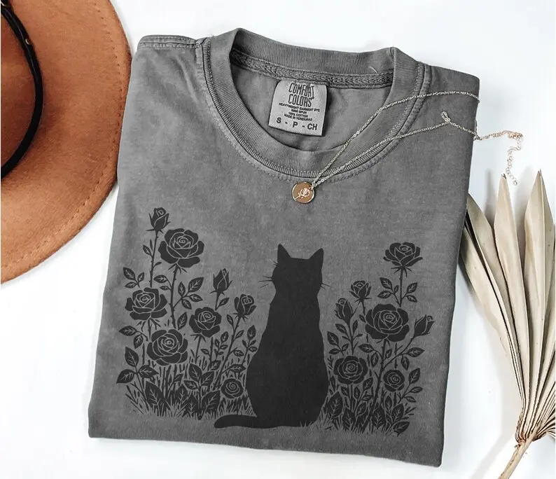 Vintage Comfort Colors Y2K Cat Shirt, Cute Kitten Graphic Tee, Pressed Flowers T-Shirt, Cottagecore Cat Lover Shirt, Floral Cat Owner Gift