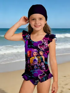 Girls' Graffiti Kpop Swimsuit, Cute Sleeveless One-Piece Bathing Suit, Perfect for Beach Vacation, Holiday Gift, Birthday Present