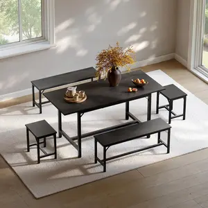 5-Piece Dining Table Set for 4-8, 63" Extendable Dining Room Table with 2 Benches and 2 Square Stools, Space Saving Rectangle Kitchen Table Set for Breakfast Nook and Small Space, Black