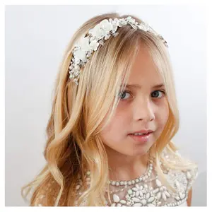 Flower Girl Headpiece Ivory Tulle Flowers Wedding Headband for Girls, Princess Pearl Hair Accessories for Birthday Party, First Communion