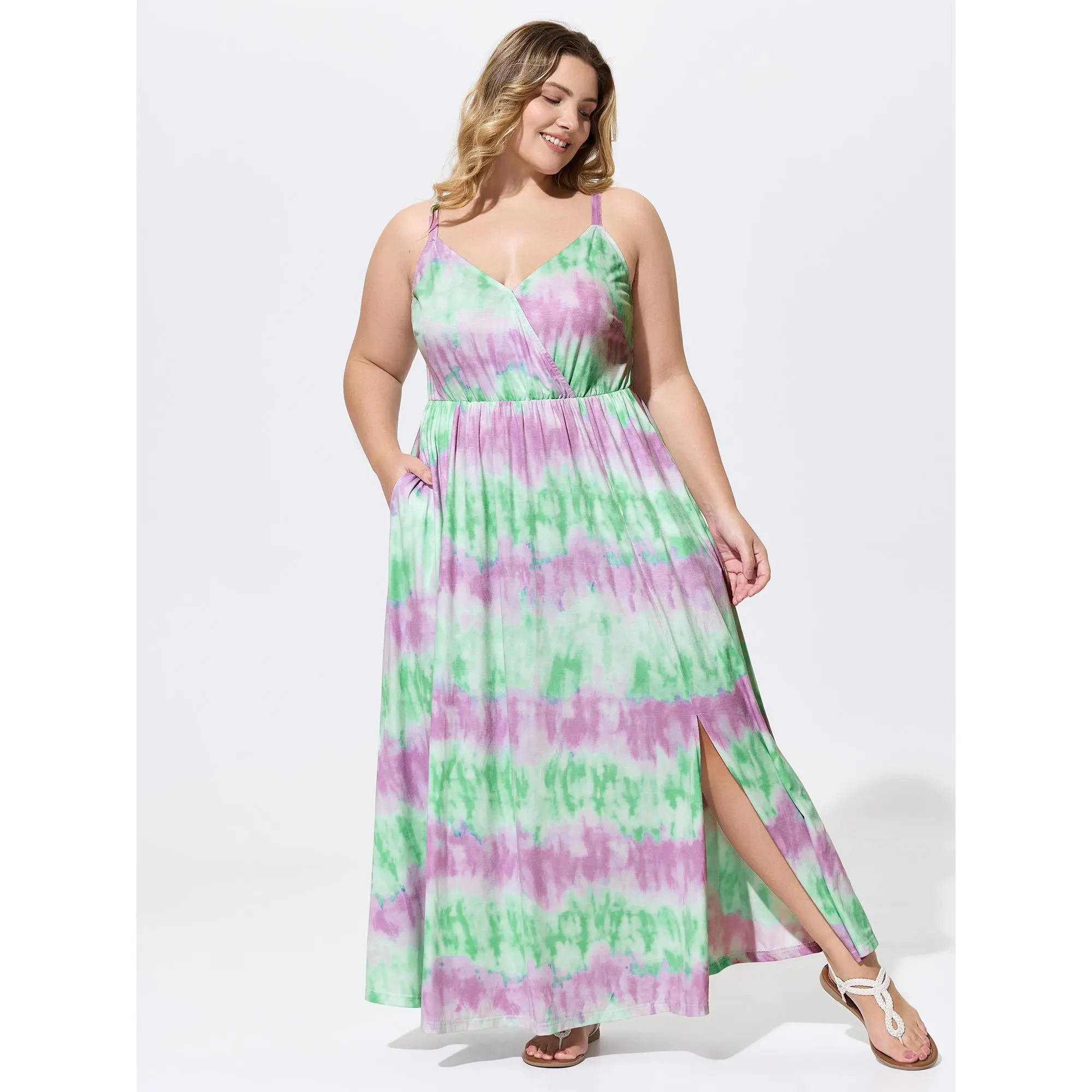 BloomChic Plus Size Boho Ombre Maxi Dress, Flowy Spandex Knit Summer Pull-On Dress with Side Pockets, Cold Wash, Sleeveless, Do Not Tumble Dry, 14-16/1 X, 18-20/2 X, 22-24/3 X