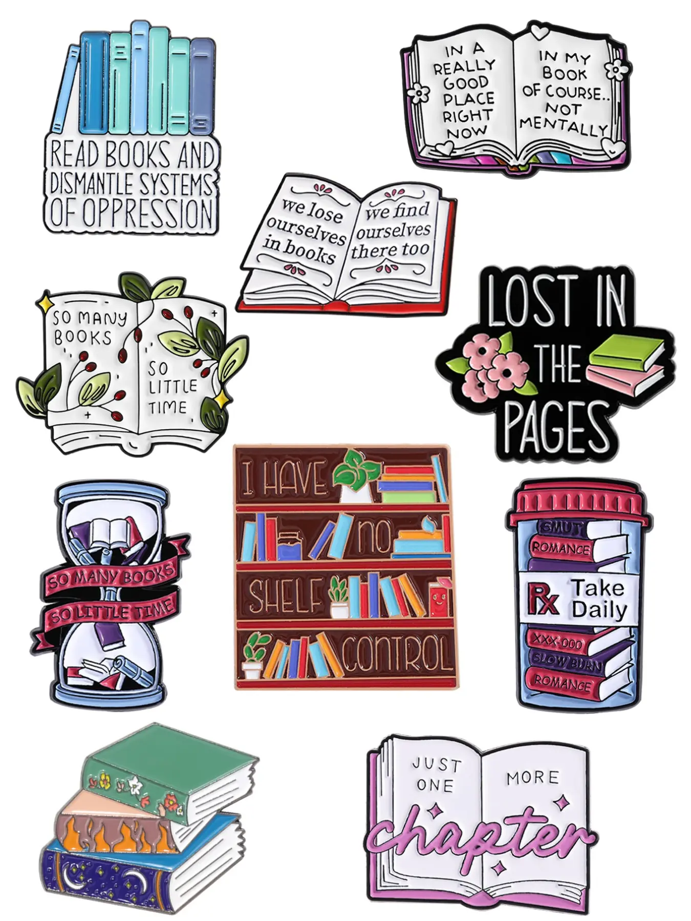 10-Piece Book Lover Pin Set with Bookshelf, Hourglass, and Unique Reading Inspiring Quote Designs, Bibliophile Collection Accessories, Lost, Pages