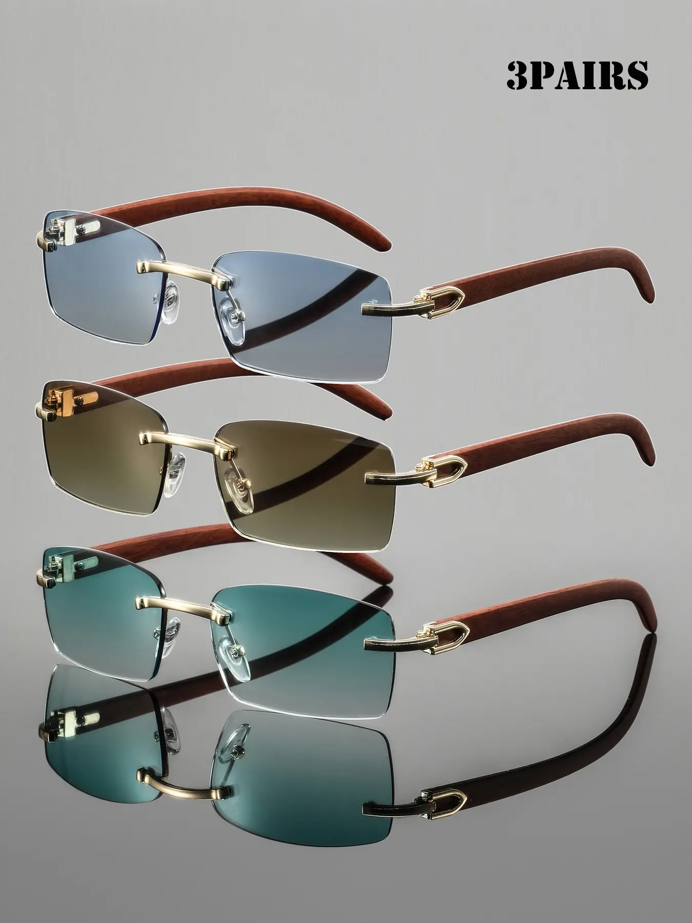Men's Metal Rectangular Frameless Wood Grain Eyeglasses, High-End Luxury Casual Fashion Glasses, High Quality Eyewear, Business Style, Daily Commute, Photography Decor, Fashionable, rimless shades